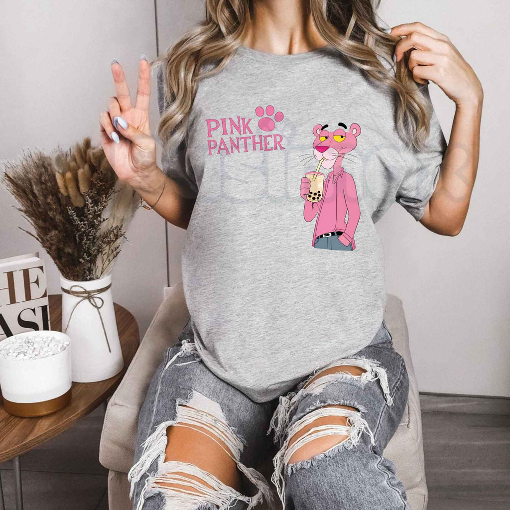Pink Panther Bubble Tea Graphic T-Shirt – Cute Boba Cartoon Unisex Cotton Tee